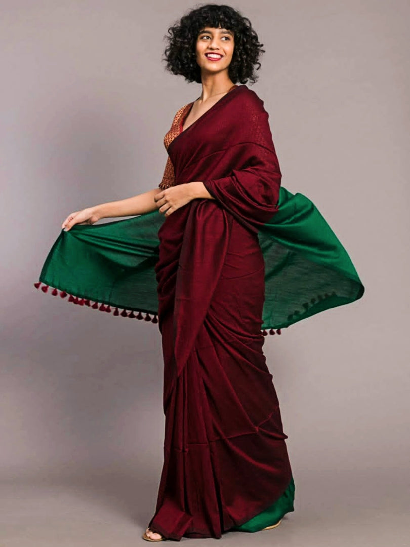 Multi Color Khadi Cotton Gini Work Maroon and Green Saree with Designer Blouse